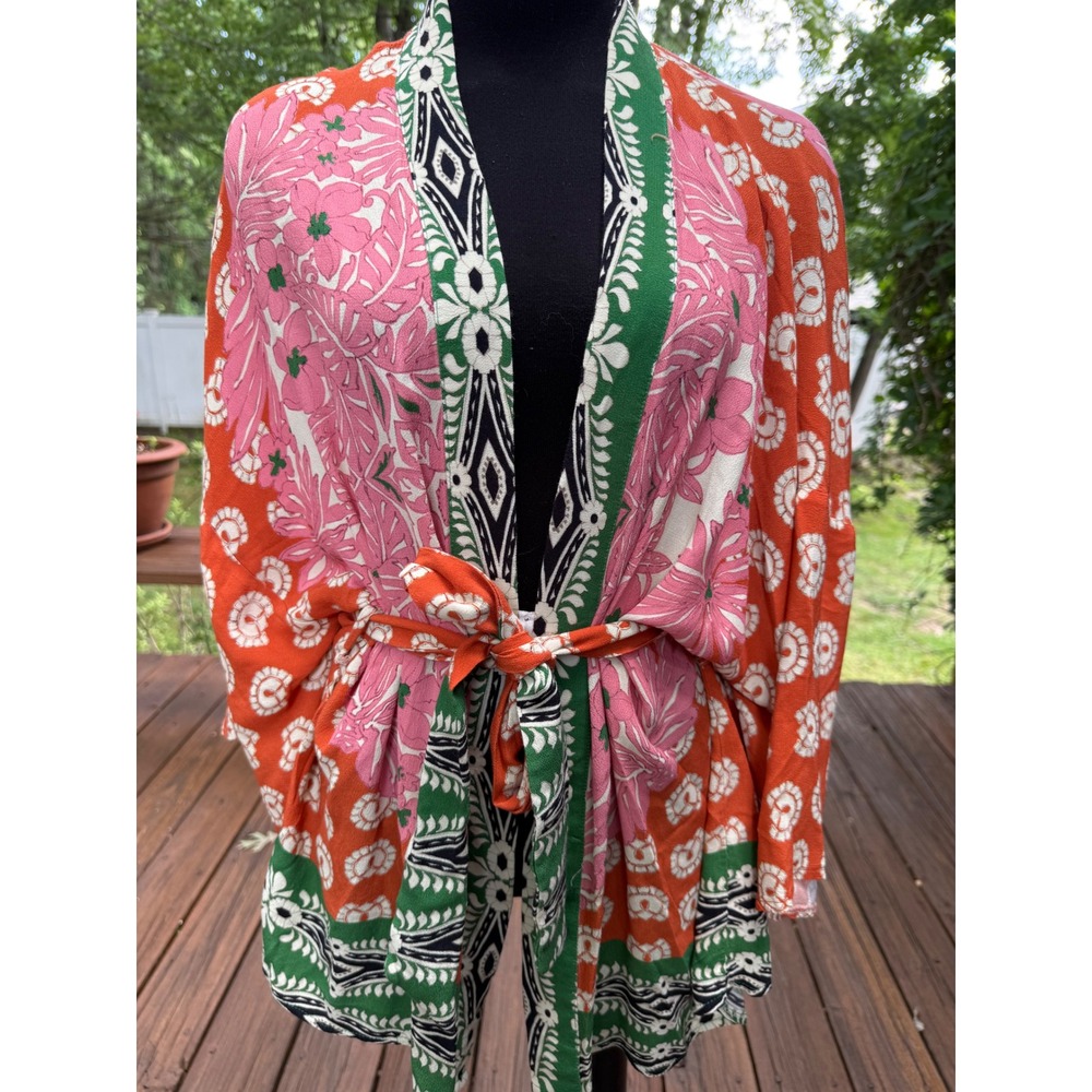 Melis Agazat x Koton Ethnic Patterned Belted Kimono Orange Pink Green 36